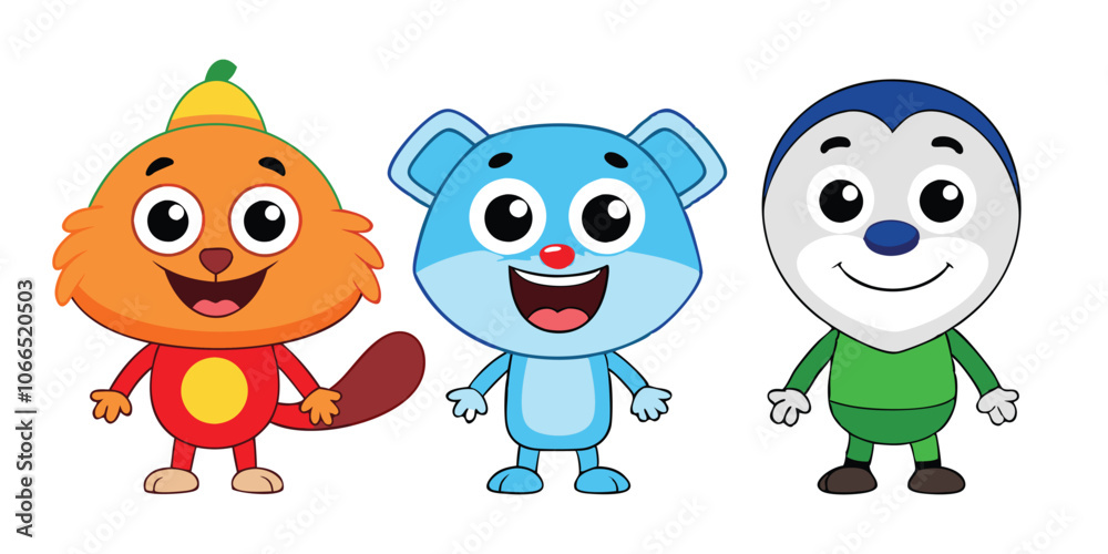 Obraz premium 3D Cute Happy Cartoon Characters Collection: Isolated on White Background, Fun and Playful Designs for Kids and Social Media