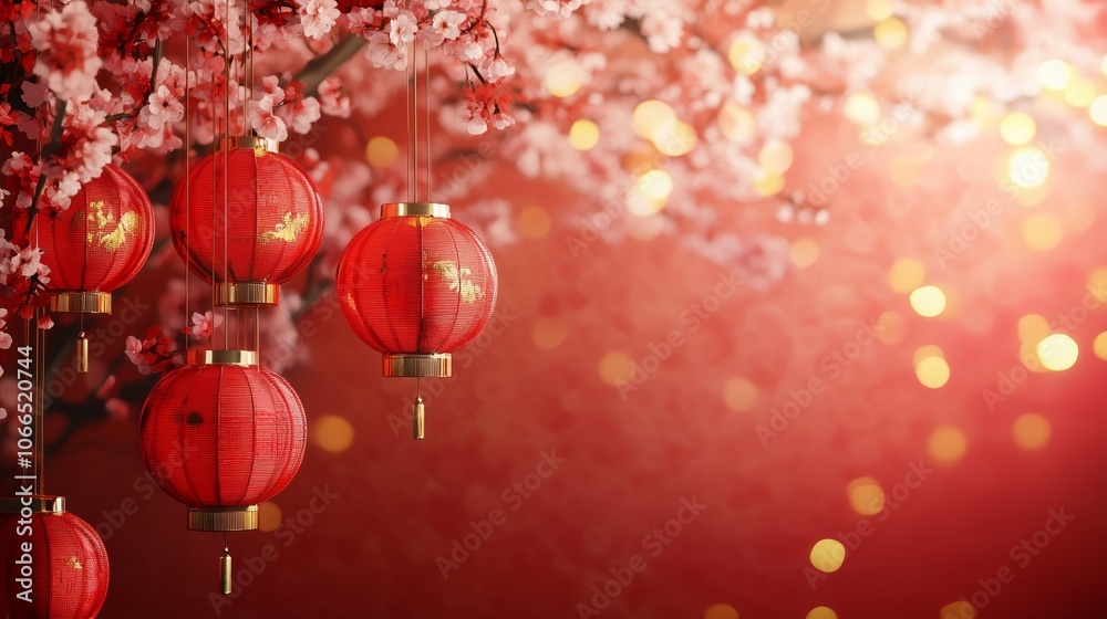 Red Chinese New Year Banner with Hanging Lanterns Red Chinese New Year Banner with Hanging Lanterns