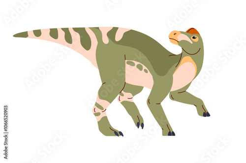 Green Edmontosaurus. Big dinosaur with crest on head and patterned skin. Herbivorous dino, ancient reptile, animal of Jurassic era. Paleontology. Flat isolated vector illustration on white background