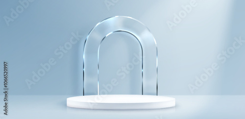 3d luxury glass circle podium display for product background. White studio stand on blue premium showroom floor design. Beauty and cosmetic showcase backdrop with elegant arch and pedestal mockup