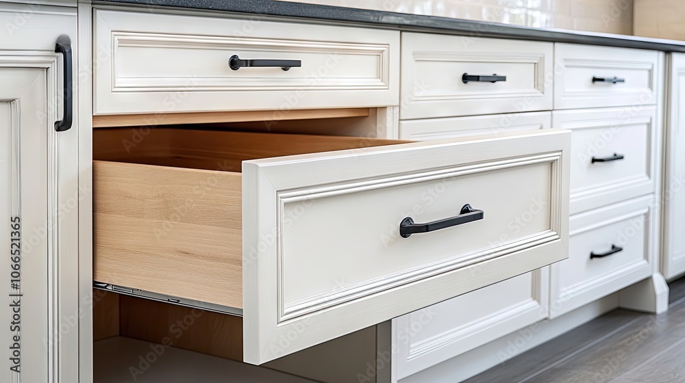 Empty drawer with sliding rails inside a kitchen cabinet, featuring a clean white front and handle, providing ample photo space for details on kitchen organization. Empty drawer with sliding rails inside a kitchen cabinet, featuring a clean white front and handle, providing ample photo space for details on kitchen organization.