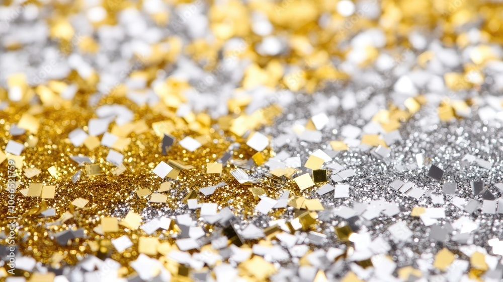 Gold and silver glitter confetti creates a festive atmosphere on a white background, perfect for celebration and party themes with ample copy space for your creative needs. Gold and silver glitter confetti creates a festive atmosphere on a white background, perfect for celebration and party themes with ample copy space for your creative needs.