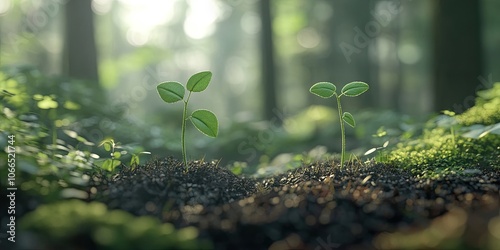 A zoomed in view showcases two young plants pushing through the soil, set against a softly blurred backdrop that suggests the presence of a bigger garden or forest beyond them. photo