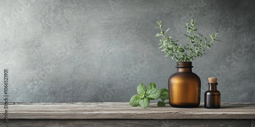 An ancient wooden table showcases a vintage aluminium amphora bottle filled with a herbal tincture or elixir, all set against a classic gray backdrop. photo