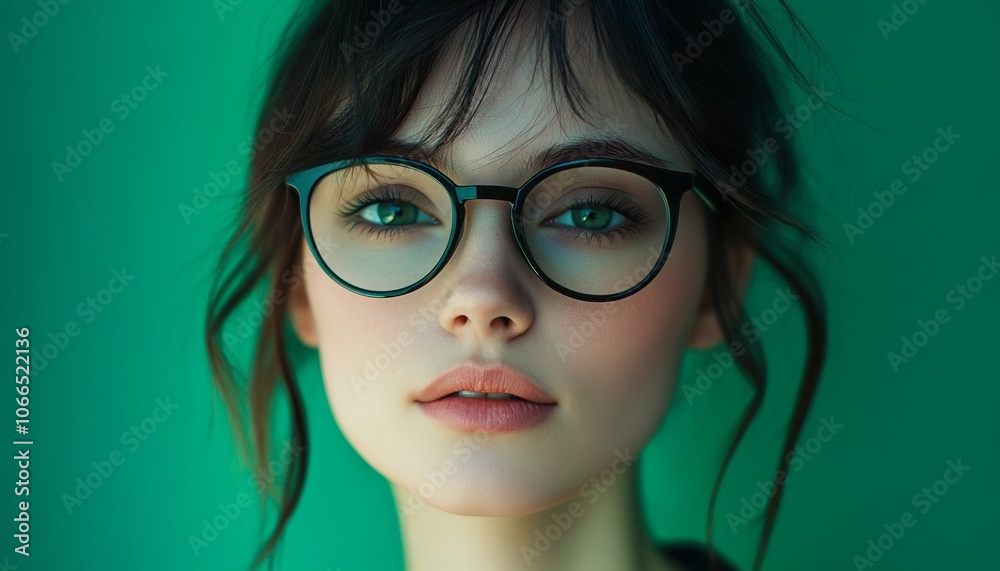 Fototapeta premium Young Woman with Glasses Posing Against a Green Background