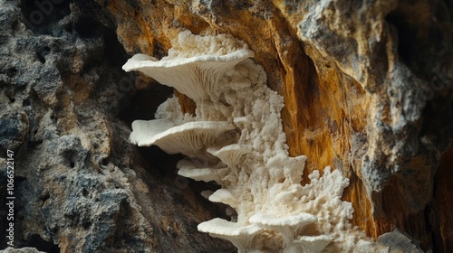 A close-up view of aberrant white serum fungus alongside a Botryllic prolapse pillar, highlighting unique textures and organic forms in a natural setting with ample copy space.