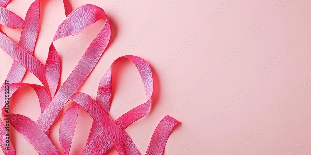 Pink ribbons displayed against a pink backdrop, representing the themes of breast cancer awareness and the importance of health care. Pink ribbons displayed against a pink backdrop, representing the themes of breast cancer awareness and the importance of health care.