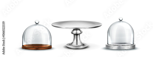 3d glass cake dome. Realistic stand container with cover for dessert. Empty crystal cloche with platter isolated illustration. Marble luxury cupcake display object. Silver exhibition bowl with lid