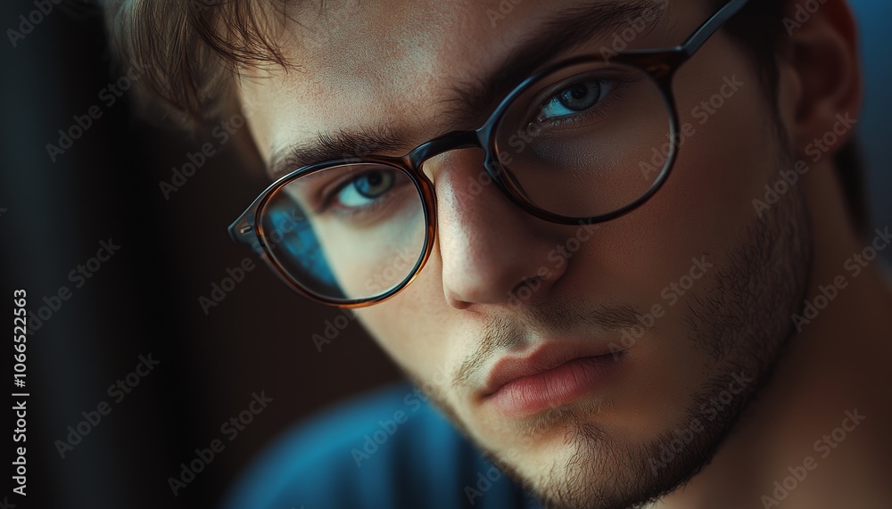 Young Man with Glasses Looking Thoughtfully to the Side with Soft Lighting in Background Young Man with Glasses Looking Thoughtfully to the Side with Soft Lighting in Background