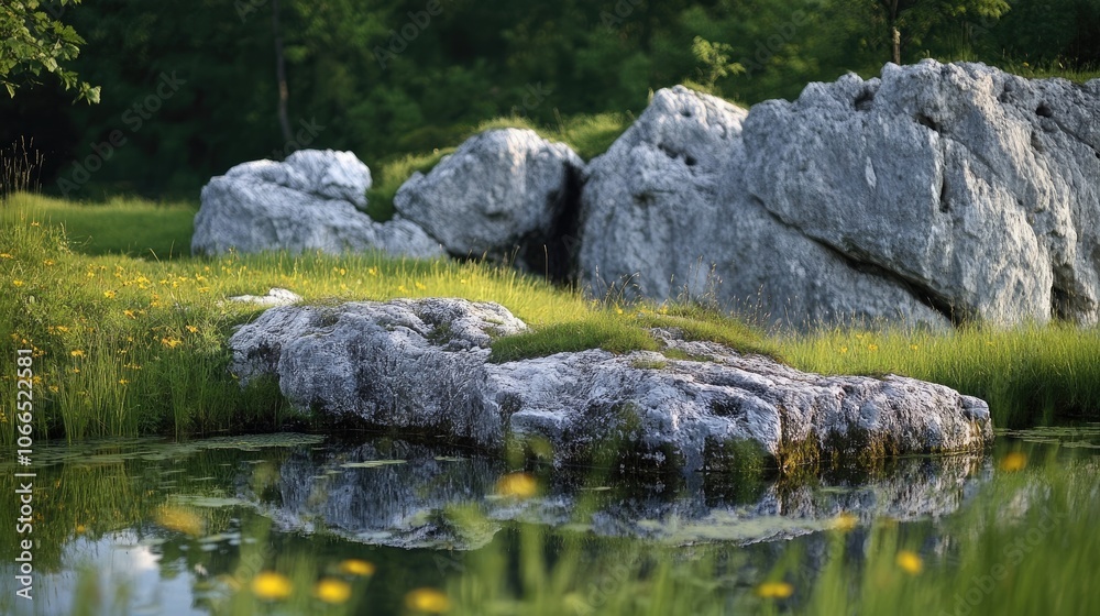 Karst landscape characterized by unique wind-eroded karst rocks, a serene pond, and a vibrant summer meadow, offering ample space for visual expression.