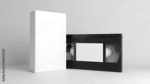 Minimalist VHS cassette mockup with blank label area and white case, perfect for retro designs.