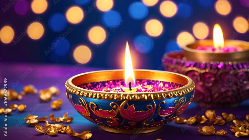 Ornate Diwali Diya, blue-Magenta, gold patterns, bokeh lights, Festive glow V4 Ornate Diwali Diya, blue-Magenta, gold patterns, bokeh lights, Festive glow V4