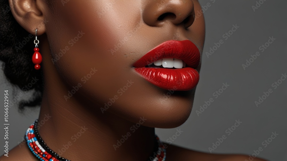 Close-up of beautiful black woman showing red lipstick and white teeth