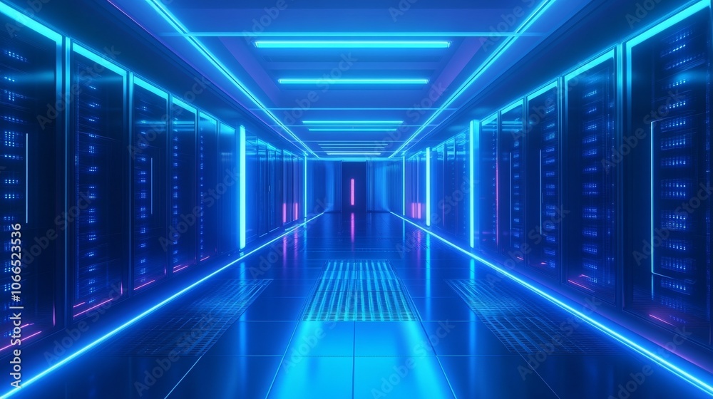 High-Tech Data Center with Blue Neon Lights and Server Racks High-Tech Data Center with Blue Neon Lights and Server Racks