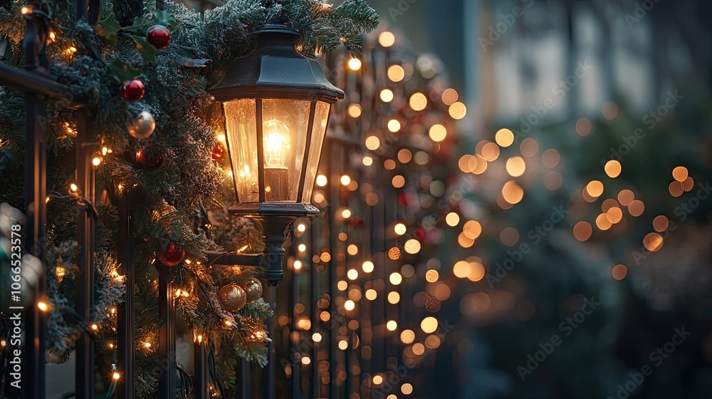 Christmas decor adorns a metal fence, complemented by a lamp post wrapped in a light garland, creating a festive atmosphere. Ideal for holiday-themed designs with ample copy space. Christmas decor adorns a metal fence, complemented by a lamp post wrapped in a light garland, creating a festive atmosphere. Ideal for holiday-themed designs with ample copy space.