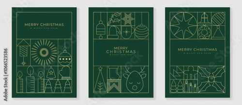 Luxury christmas invitation card art deco design vector. Christmas tree, star, bauble ball, candle, reindeer line art on green background. Design illustration for cover, poster, wallpaper.