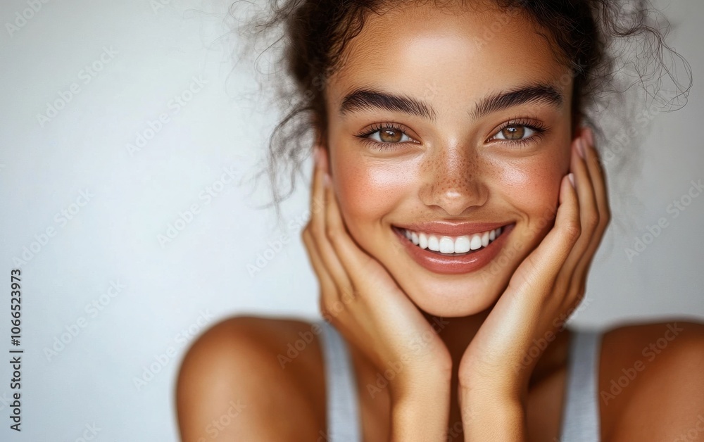 A captivating close-up image of a beautiful young Japanese woman smiling and caressing her face with her hands, isolated on a bright white background. A captivating close-up image of a beautiful young Japanese woman smiling and caressing her face with her hands, isolated on a bright white background.