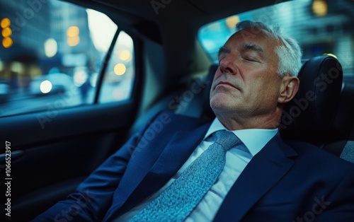 A candid shot of a middle-aged businessman comfortably asleep in the back seat of his car, clad in a formal blue suit jacket, white dress shirt, and tie, showcasing his gray hair. 