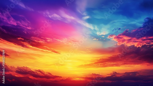 Vivid Sunset Sky with Bright Colors and Clouds Over Horizon