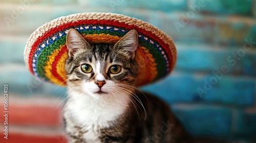 Mexican cat wearing a traditional sombrero hat adds a playful touch to the scene. This adorable Mexican cat with a sombrero provides an ideal setting for creative designs with ample copy space.