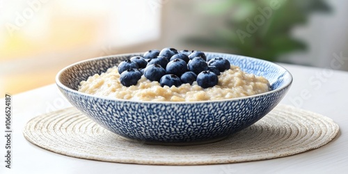 A bowl filled with porridge topped with blueberries rests on a placemat atop a white table, oriented horizontally for display. photo