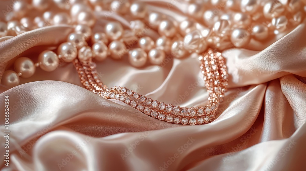 A stylish arrangement of rose gold jewelry on a soft fabric background, exuding elegance and luxury A stylish arrangement of rose gold jewelry on a soft fabric background, exuding elegance and luxury