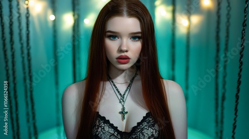 A striking portrait of a young woman with long red hair, adorned with layered necklaces, set against a softly lit teal background, Ideal for beauty, fashion, or artistic projects,