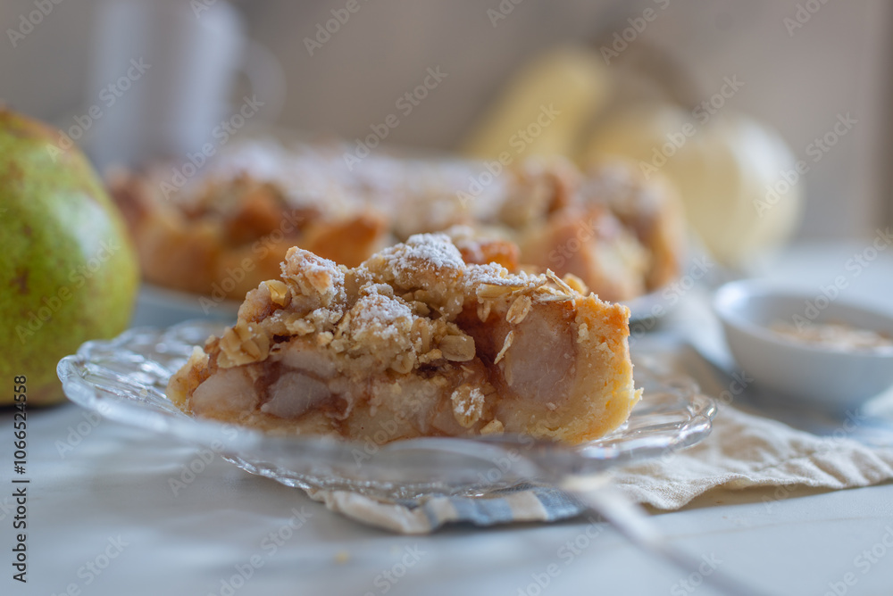 pear crumble cake in a baking form pear crumble cake in a baking form