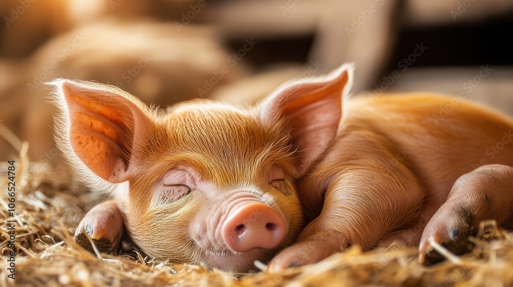 Close-up of a Sleeping Piglet in a Nest of Hay Close-up of a Sleeping Piglet in a Nest of Hay