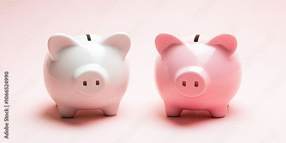 There are piggy banks, one white and one pink, placed against a soft, light colored background. The light backdrop enhances their colors vividly. There are piggy banks, one white and one pink, placed against a soft, light colored background. The light backdrop enhances their colors vividly.