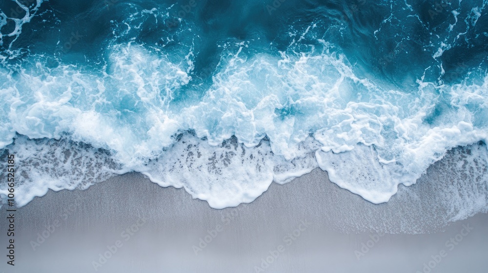 Aerial perspective of vibrant blue water flowing over a pristine white sand beach, capturing the crystal clear waves. The image offers a splash of white wine, perfect for food themes. Aerial perspective of vibrant blue water flowing over a pristine white sand beach, capturing the crystal clear waves. The image offers a splash of white wine, perfect for food themes.