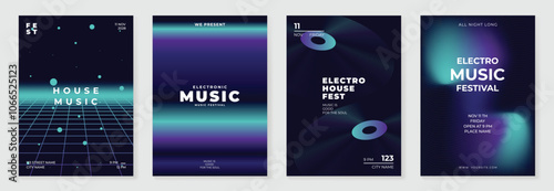 Music poster design background vector set. Electro Sound Cover template with vibrant abstract gradient geometric shape and line wave. Ideal design for social media, flyer, party, music festival, club.