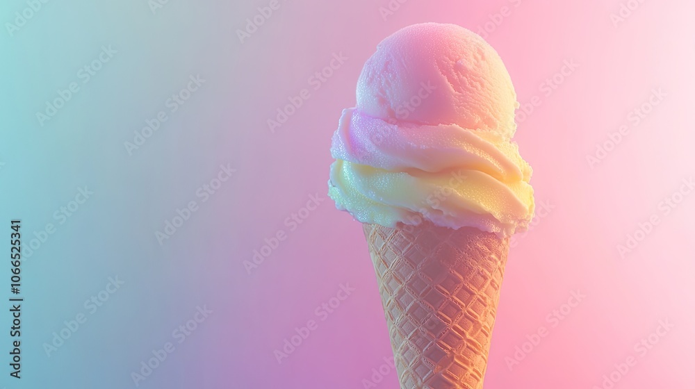 Glowing ice cream cone displayed against a soft aesthetic light background, featuring a palette of comfortable colors. Vertical composition with ample copy space. Glowing ice cream cone displayed against a soft aesthetic light background, featuring a palette of comfortable colors. Vertical composition with ample copy space.