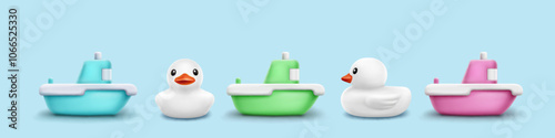 Playful bath time toys collection. Realistic 3d vector set of rubber or plastic white duck front and side view, and pastel colored boats on light blue background. Children bathroom design elements.