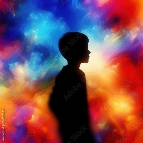 The image shows a black silhouette of a young boy standing in front of a bright multi-colored background.