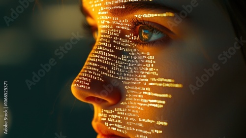 A striking close-up of a face illuminated by glowing lines of code, symbolizing the intersection of technology and identity.