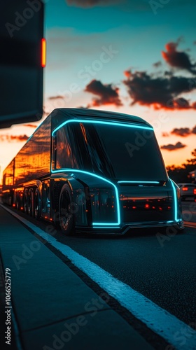 A futuristic truck with glowing neon accents is parked beside the road at sunset, highlighting its sleek design, This image can be used for transport, technology, or futuristic concept themes, photo