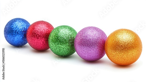 Close-up view of vibrant, multi-colored Christmas balls set against a white background, emphasizing the Christmas balls theme. Ideal for decoration or festive celebrations, with ample copy space.