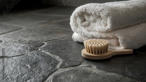 Relaxing spa background with a massage brush and towel arranged on gray stone, creating a tranquil atmosphere perfect for wellness and self-care. Ample copy space available. photo