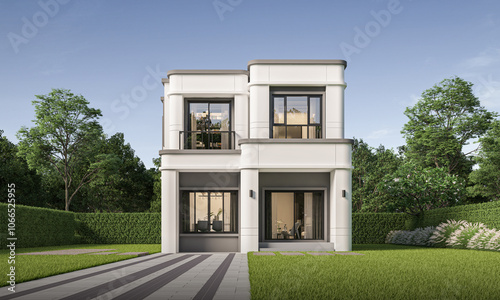 Modern house exterior day light with lawn grass.3d rendering