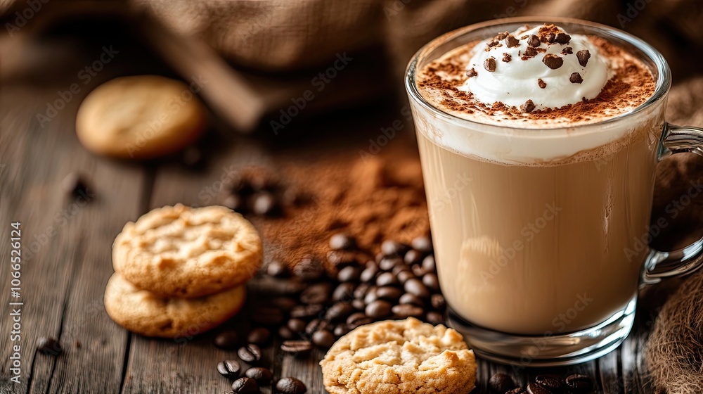 A delightful glass of coffee enriched with cream, accompanied by cookies, captured in a close-up view. The coffee with cream highlights its rich textures and inviting aroma. A delightful glass of coffee enriched with cream, accompanied by cookies, captured in a close-up view. The coffee with cream highlights its rich textures and inviting aroma.
