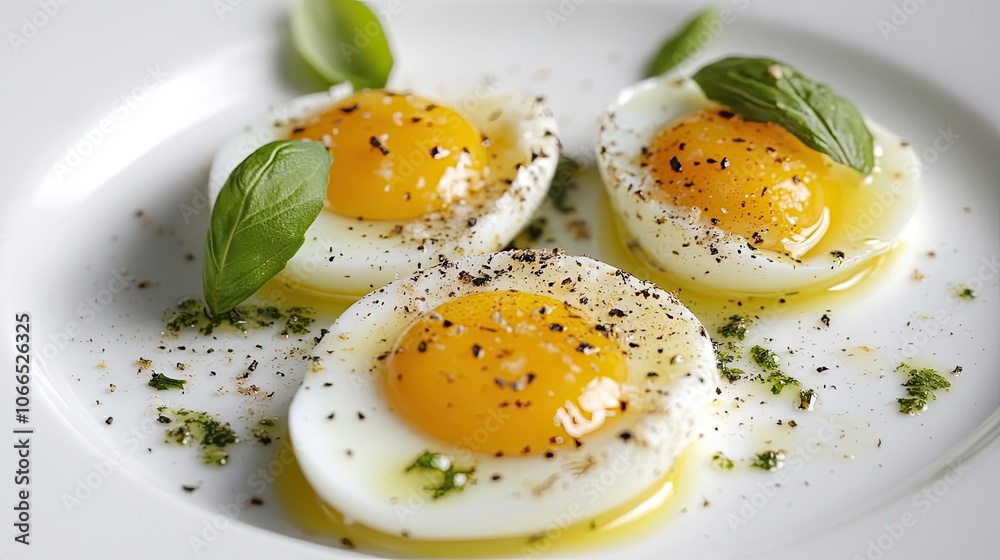 Cooking quail egg with basil seasoning creates a delightful presentation on a white clean plate, perfect for any culinary display. Quail egg enhances the flavor and aesthetic.