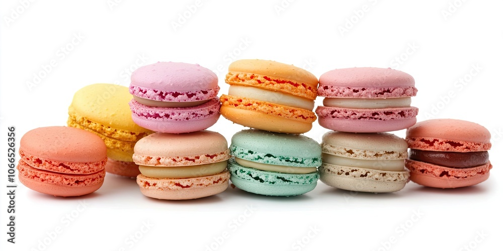 Macaron cookies are presented in a horizontal view against a white background, completely isolated from any distractions for clear visibility. Macaron cookies are presented in a horizontal view against a white background, completely isolated from any distractions for clear visibility.