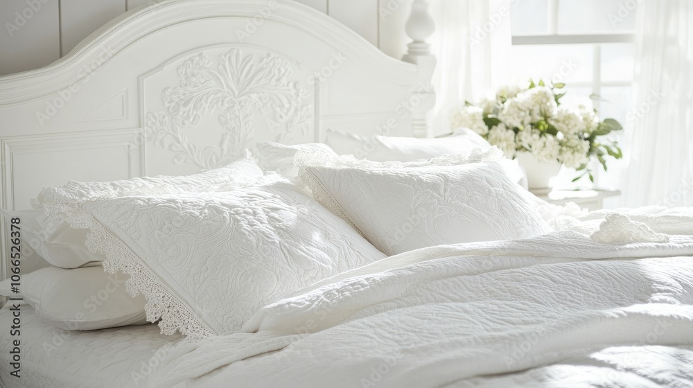 Closeup of a white bed frame adorned with pillows in a bright setting, highlighting the cozy and inviting atmosphere of a stylish bedroom. Ample photo space available.