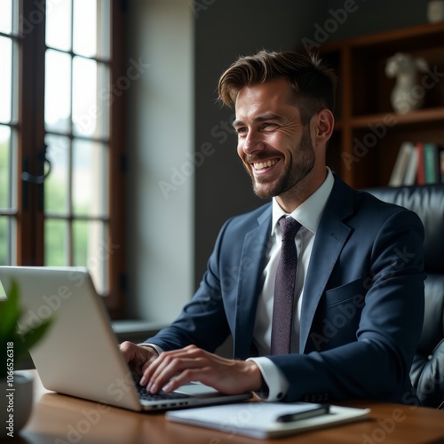 Professional businessman, executive office, working on laptop, natural light from window, bookshelves in background, navy suit, red tie, confident smile, well-groomed appearance, modern workplace, suc photo