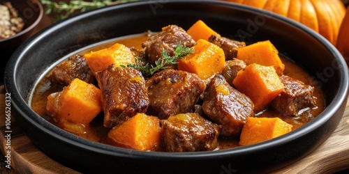 Baked Pork Shin with Pumpkin served in flavorful gravy. This dish features tender pork shin accompanied by savory pumpkin, all enveloped in rich gravy for a delicious meal.