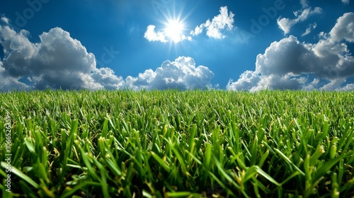 Green Grass Field Under Blue Sky with Fluffy Clouds and Sun