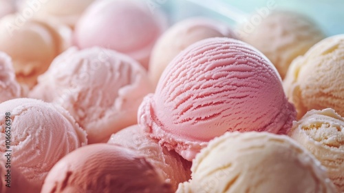 Close-up of ice cream in a freezer, highlighting delicious details in a cafe setting. The freezer displays a variety of ice cream flavors, inviting customers to indulge. photo