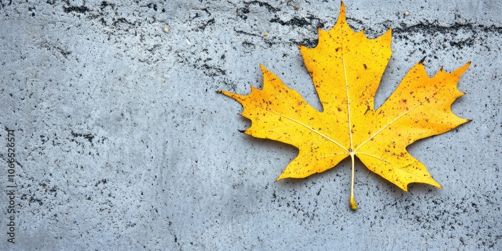 A yellow maple leaf rests on a gray concrete surface, creating a striking contrast, while the surrounding area remains empty, emphasizing the leafs vibrant color. A yellow maple leaf rests on a gray concrete surface, creating a striking contrast, while the surrounding area remains empty, emphasizing the leafs vibrant color.