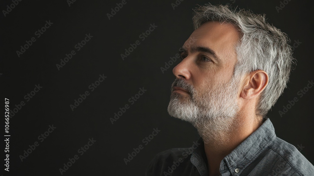 A thoughtful studio portrait of a man gazing off to the side, lost in contemplation A thoughtful studio portrait of a man gazing off to the side, lost in contemplation